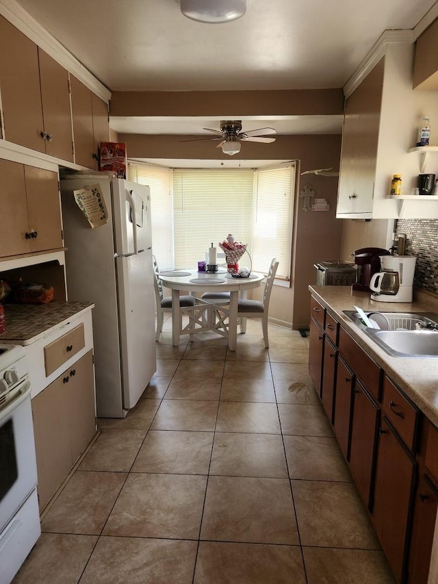14636 Clark St, Dolton, IL 60419 - kitchen with white appliances, ceiling fan, tasteful backsplash, a sink, and open shelves