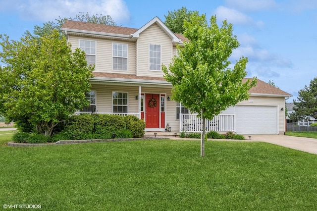 1722 John St, Yorkville, IL 60560 - view of front of property featuring driveway, a garage, covered porch, a front yard, and a shingled roof