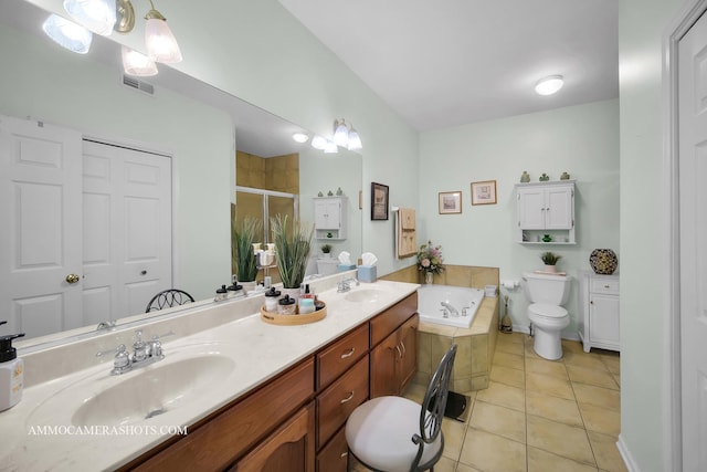 1677 Brightwood Pl Unit 8B, Aurora, IL 60506 - full bathroom featuring tile patterned flooring, a shower stall, a garden tub, double vanity, and toilet