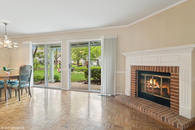 708 Newgate Ln Unit A, Prospect Heights, IL 60070 - living room featuring ornamental molding, a chandelier, baseboards, and a fireplace