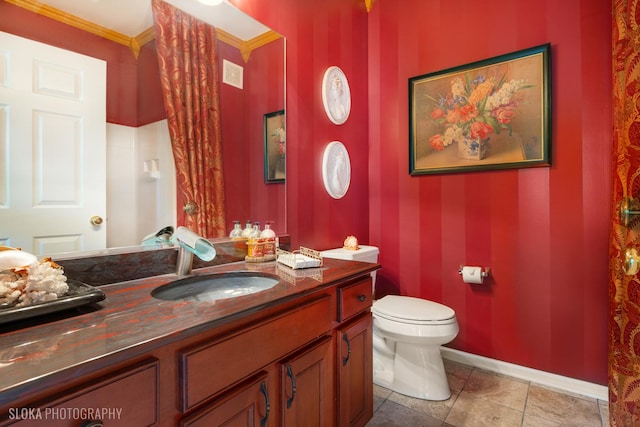 2253 Concord Dr, Mchenry, IL 60050 - bathroom with baseboards, toilet, vanity, tile patterned floors, and ornamental molding