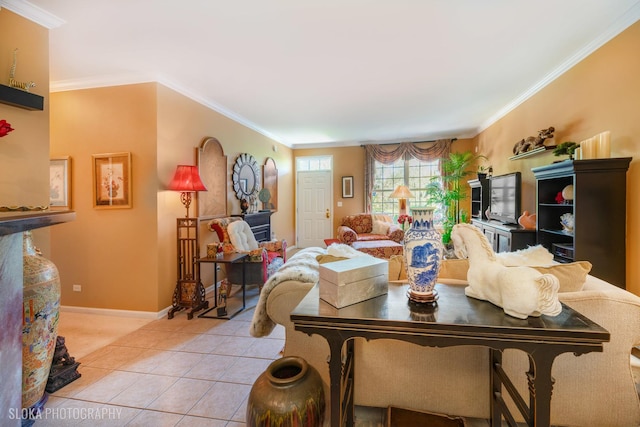 2253 Concord Dr, Mchenry, IL 60050 - living room featuring light tile patterned floors, ornamental molding, and baseboards