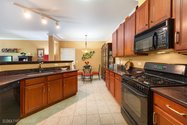 2253 Concord Dr, Mchenry, IL 60050 - kitchen featuring black appliances, a sink, crown molding, rail lighting, and light tile patterned flooring