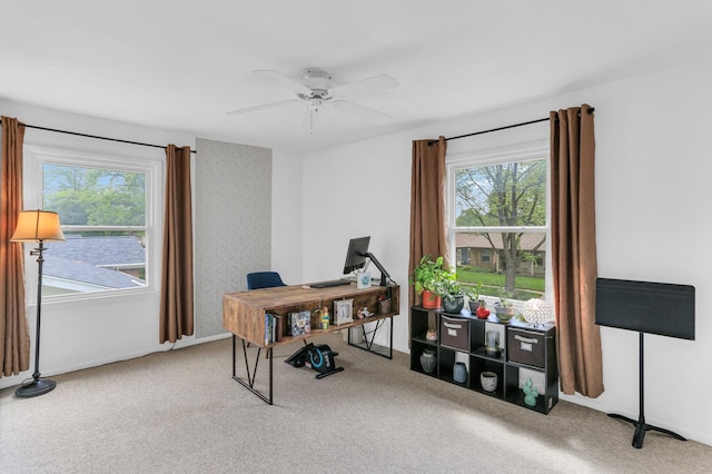 office with carpet floors, healthy amount of natural light, a ceiling fan, and baseboards