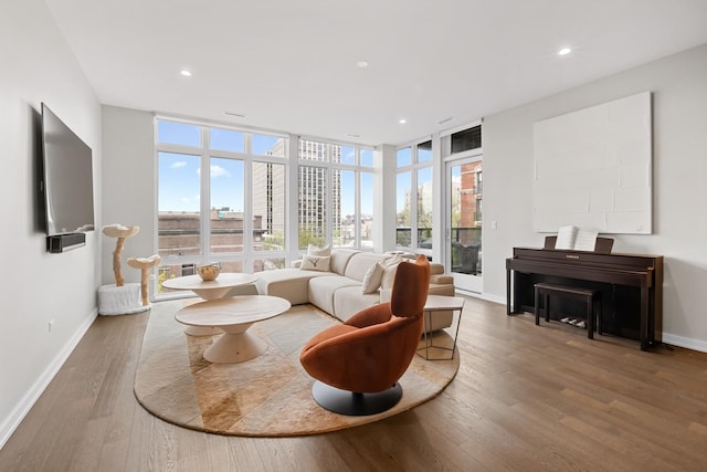 2773 N Hampden Ct Unit 401, Chicago, IL 60614 - living room featuring wood finished floors, a wall of windows, recessed lighting, and a view of city