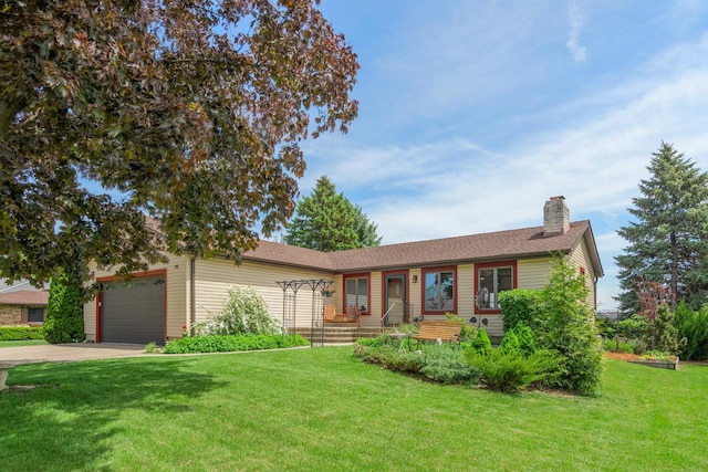 46 Feece Dr, Batavia, IL 60510 - ranch-style house with a garage, a front lawn, driveway, and a chimney