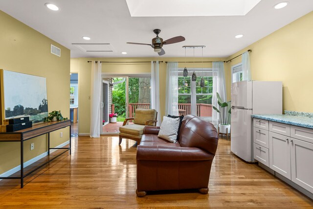 711 W Iowa St, Urbana, IL 61801 - living room with ceiling fan, light wood-style flooring, a skylight, and recessed lighting