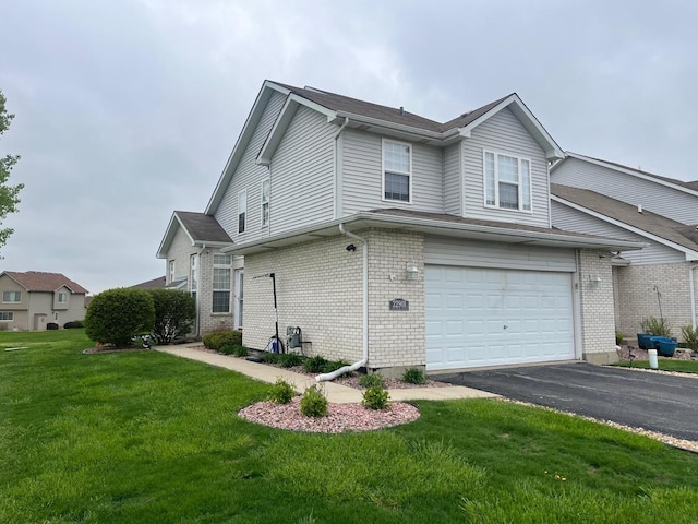 view of property exterior featuring brick siding, a lawn, driveway, and an attached garage