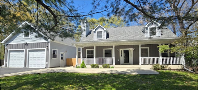 11576 W Half Day Rd, Deerfield, IL 60015 - cape cod house featuring a porch, board and batten siding, a chimney, a garage, and a front yard
