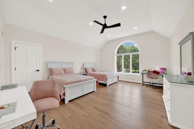 bedroom featuring lofted ceiling, light wood-style floors, ceiling fan, and recessed lighting
