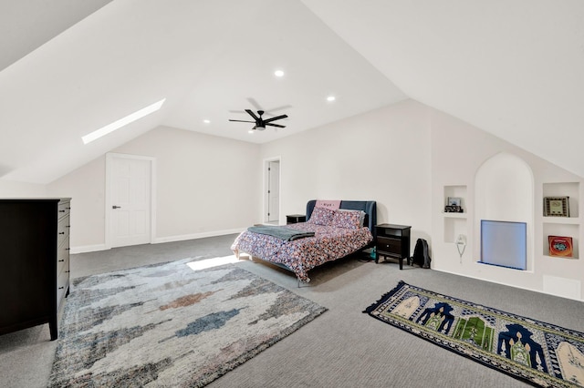 bedroom featuring a skylight, lofted ceiling, carpet floors, ceiling fan, and recessed lighting