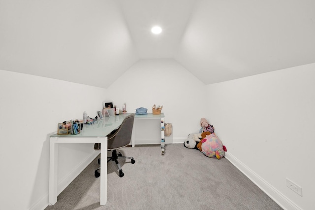 carpeted home office with vaulted ceiling, baseboards, and recessed lighting
