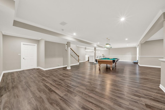 recreation room with recessed lighting, billiards, baseboards, dark wood-style floors, and ornamental molding