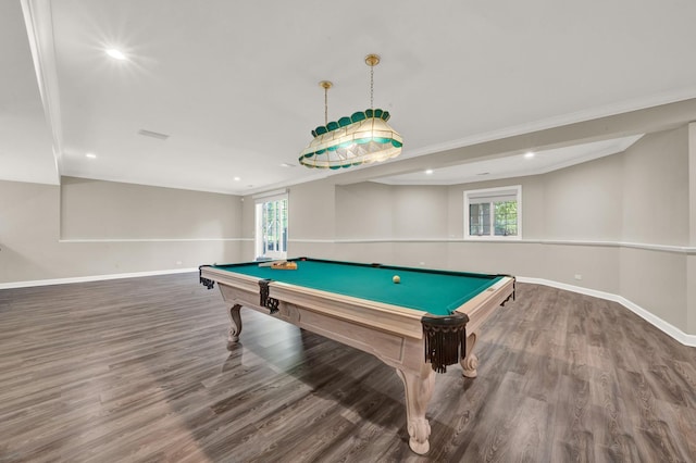 rec room with wood finished floors, baseboards, pool table, and recessed lighting