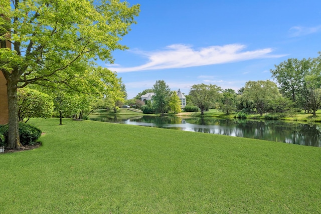 view of green lawn with a water view