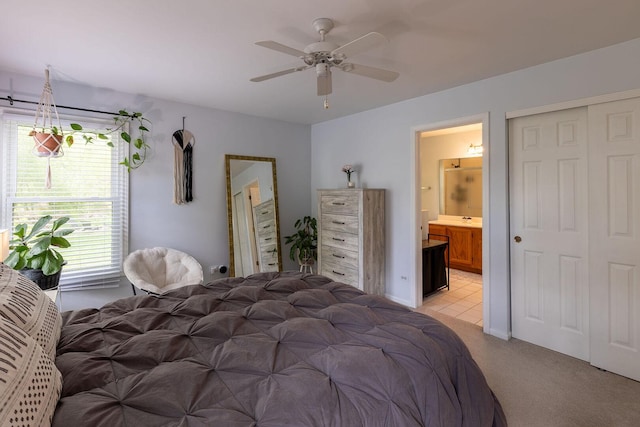 7038 Bentley Dr, Gurnee, IL 60031 - bedroom with ensuite bathroom, light carpet, a ceiling fan, and a closet
