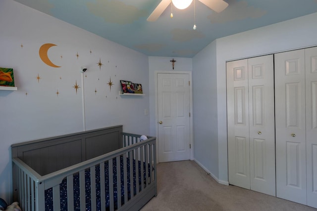 7038 Bentley Dr, Gurnee, IL 60031 - bedroom featuring carpet floors, a closet, a crib, ceiling fan, and baseboards
