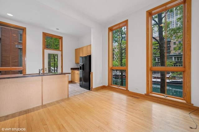 456 E N Water St Unit H, Chicago, IL 60611 - kitchen with black fridge, dark countertops, light wood-style flooring, plenty of natural light, and recessed lighting