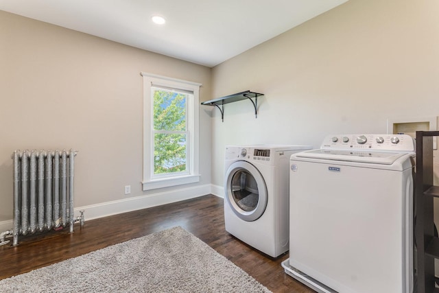 4731 E 10th Rd, Earlville, IL 60518 - laundry area with radiator heating unit, independent washer and dryer, dark wood-type flooring, and baseboards