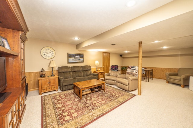 25037 W Liberty Dr, Channahon, IL 60410 - living area with light carpet, a wainscoted wall, wooden walls, and recessed lighting