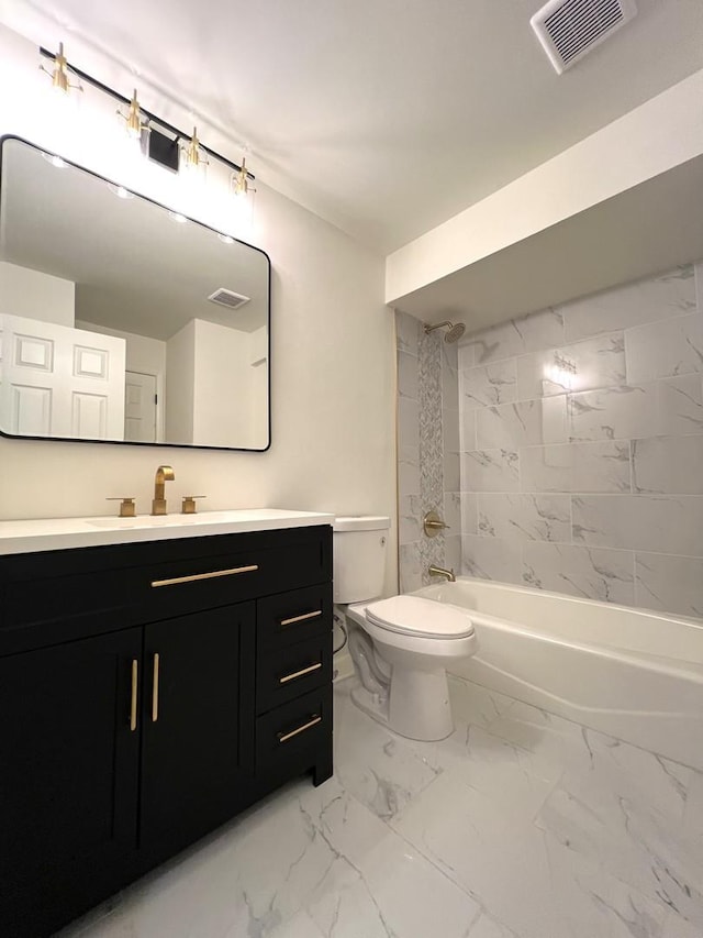 bathroom featuring marble look tile flooring, shower / bathtub combination, toilet, and vanity