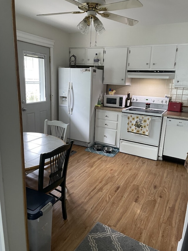768 S Spring Rd, Elmhurst, IL 60126 - kitchen with white appliances, under cabinet range hood, light wood-style floors, and a ceiling fan