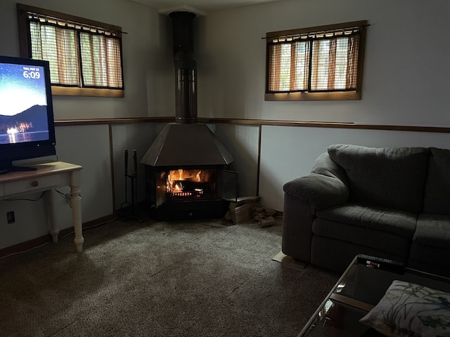 768 S Spring Rd, Elmhurst, IL 60126 - living room featuring carpet flooring and a wood stove