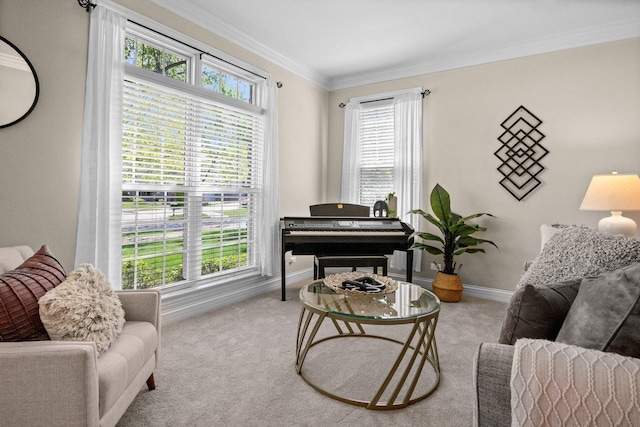 1021 Fire Fox Ct, Saint Charles, IL 60174 - carpeted living room featuring baseboards and crown molding