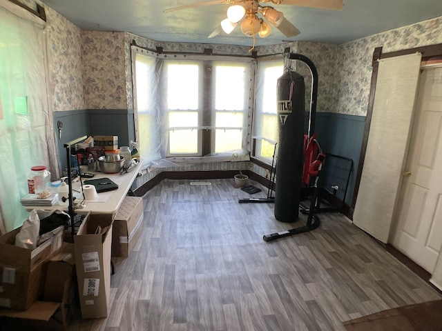 207 W Williams St, Dwight, IL 60420 - dining area with a wainscoted wall, wallpapered walls, ceiling fan, and wood finished floors