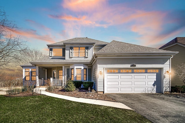 0N745 Bartelt Rd, Geneva, IL 60134 - view of front of home with a porch, asphalt driveway, an attached garage, a shingled roof, and a front lawn