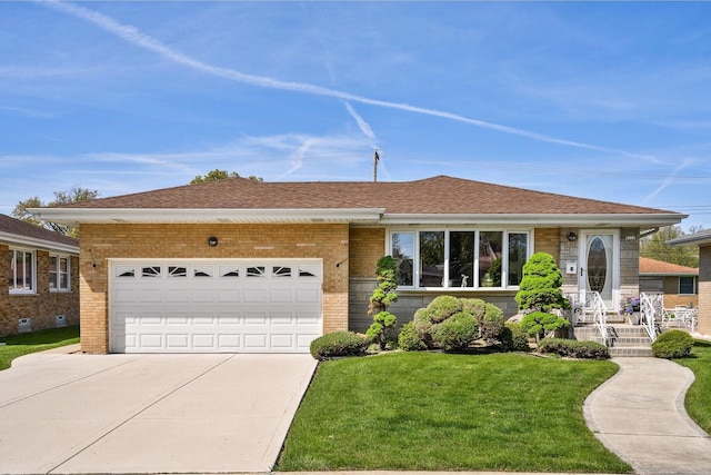4522 N Reserve Ave, Chicago, IL 60656 - view of front of home featuring brick siding, driveway, a front lawn, an attached garage, and roof with shingles