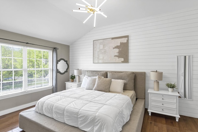 3174 Larrabee Dr, Geneva, IL 60134 - bedroom featuring lofted ceiling, wooden walls, dark wood-style floors, and baseboards