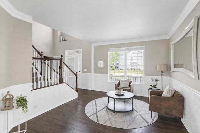 3174 Larrabee Dr, Geneva, IL 60134 - living area featuring stairs, wood finished floors, and crown molding
