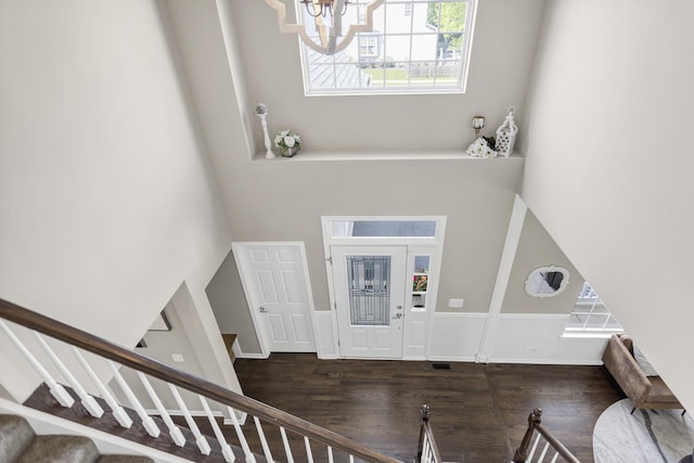 3174 Larrabee Dr, Geneva, IL 60134 - entryway with a chandelier, wood finished floors, stairway, and a towering ceiling