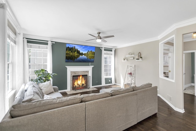 3174 Larrabee Dr, Geneva, IL 60134 - living area featuring a ceiling fan, crown molding, a fireplace with flush hearth, baseboards, and dark wood-type flooring