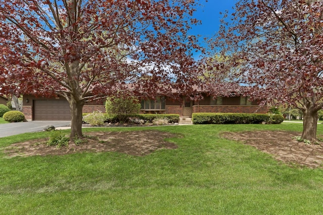 10762 W Talmadge Ave, Beach Park, IL 60099 - view of property hidden behind natural elements featuring concrete driveway, a front yard, a garage, and brick siding