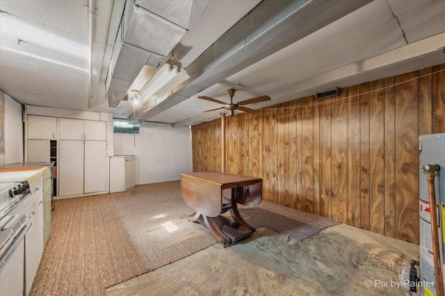 1029 S 5th St, Saint Charles, IL 60174 - finished below grade area featuring water heater, wood walls, a ceiling fan, and light carpet