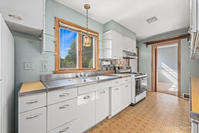1029 S 5th St, Saint Charles, IL 60174 - kitchen with gas range gas stove, stainless steel counters, under cabinet range hood, white cabinets, and light flooring