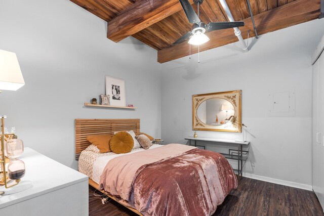 225 W Huron St Unit 402, Chicago, IL 60654 - bedroom featuring wood ceiling, beamed ceiling, wood finished floors, baseboards, and a ceiling fan