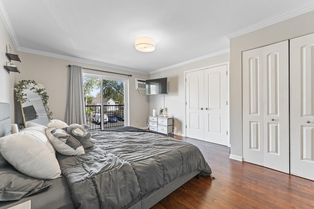 310 Lathrop Ave Unit 202-204, Forest Park, IL 60130 - bedroom featuring access to outside, dark wood-type flooring, crown molding, baseboards, and two closets
