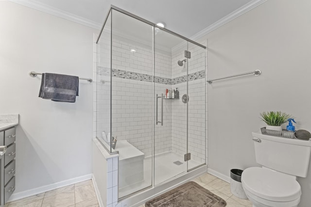 310 Lathrop Ave Unit 202-204, Forest Park, IL 60130 - full bath featuring ornamental molding, a shower stall, toilet, baseboards, and vanity