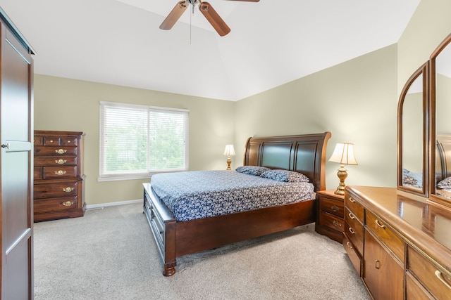 1984 Seaview Dr, Aurora, IL 60503 - bedroom featuring light carpet, vaulted ceiling, ceiling fan, and baseboards