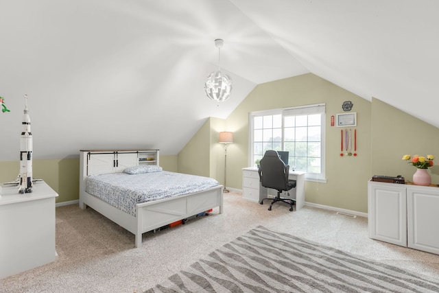 1984 Seaview Dr, Aurora, IL 60503 - bedroom with light colored carpet, vaulted ceiling, a desk, and baseboards