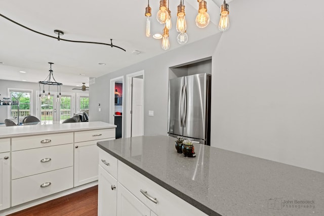 28271 W Stewart Ave, Spring Grove, IL 60081 - kitchen featuring freestanding refrigerator, ceiling fan, white cabinets, hanging light fixtures, and recessed lighting