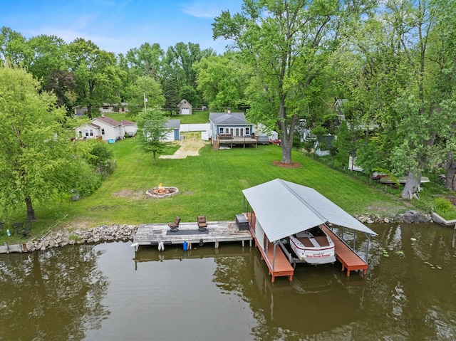 28271 W Stewart Ave, Spring Grove, IL 60081 - dock area featuring an outdoor fire pit, a water view, and a yard