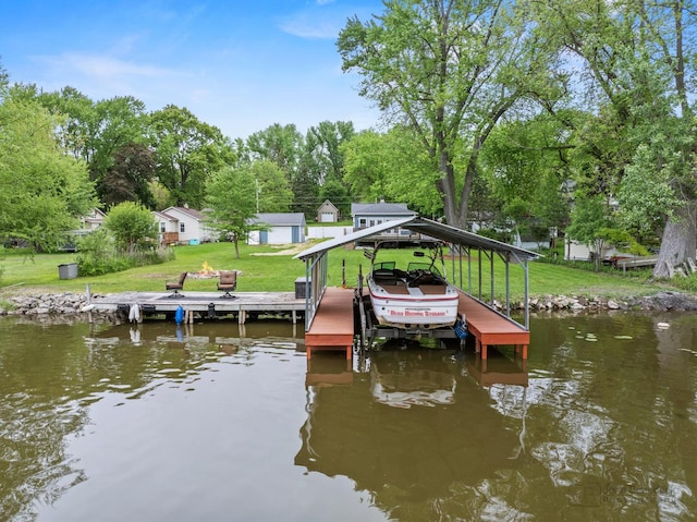 28271 W Stewart Ave, Spring Grove, IL 60081 - dock area featuring boat lift, a water view, a lawn, and view of scattered trees