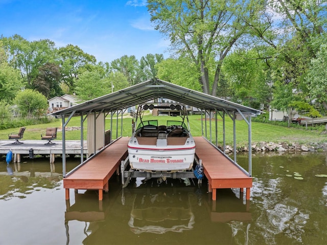 28271 W Stewart Ave, Spring Grove, IL 60081 - dock area featuring a water view, boat lift, view of scattered trees, and a yard