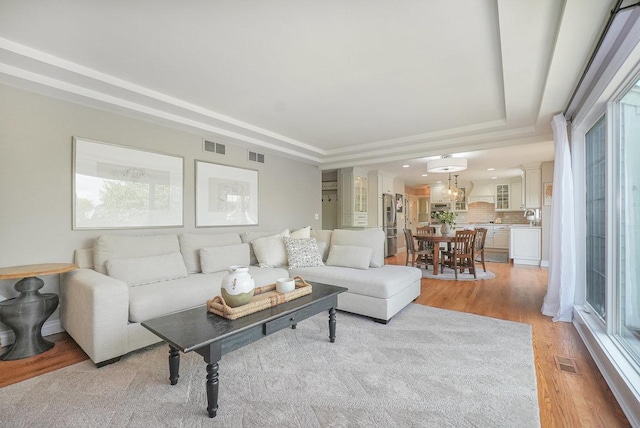 living area featuring a tray ceiling, light wood-style floors, plenty of natural light, and recessed lighting