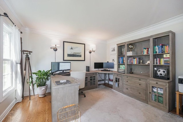 home office with crown molding, healthy amount of natural light, wood finished floors, and baseboards
