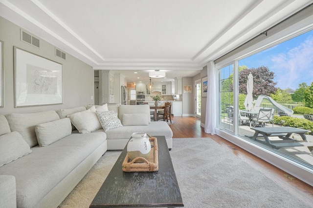 living area with light wood finished floors and a raised ceiling